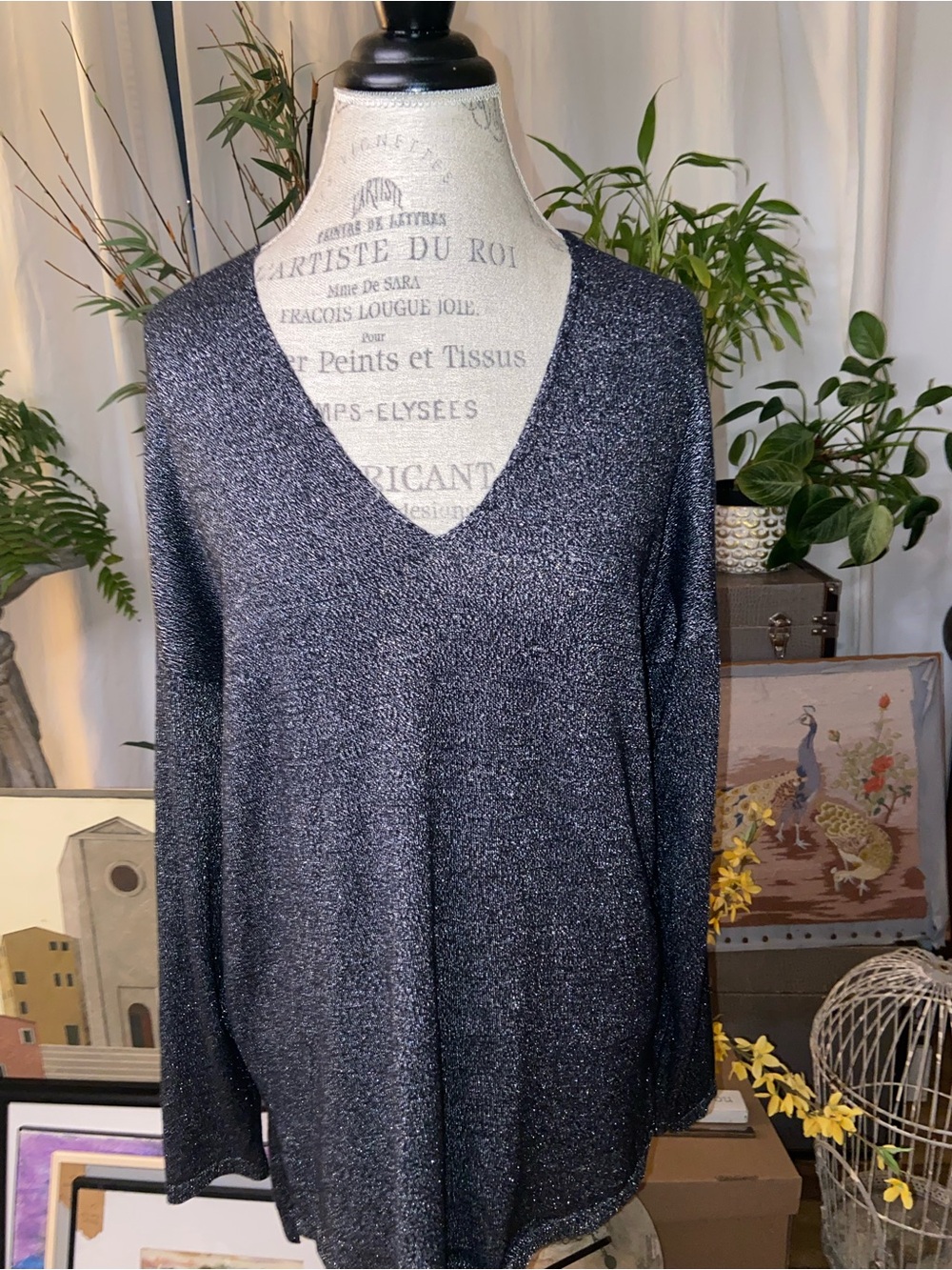 INC International Concepts Metallic Black V-Neck Sweater